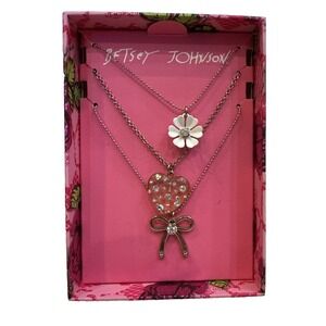NWT BETSEY JOHNSON 3 Strand Heart Flower Bow Necklaces Box Gift Charm Layered